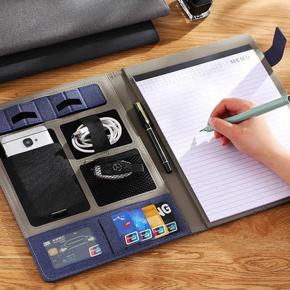 Leather A4 business folder showing 35mm thickness and 325x250mm dimensions with optional pen and notepad accessories