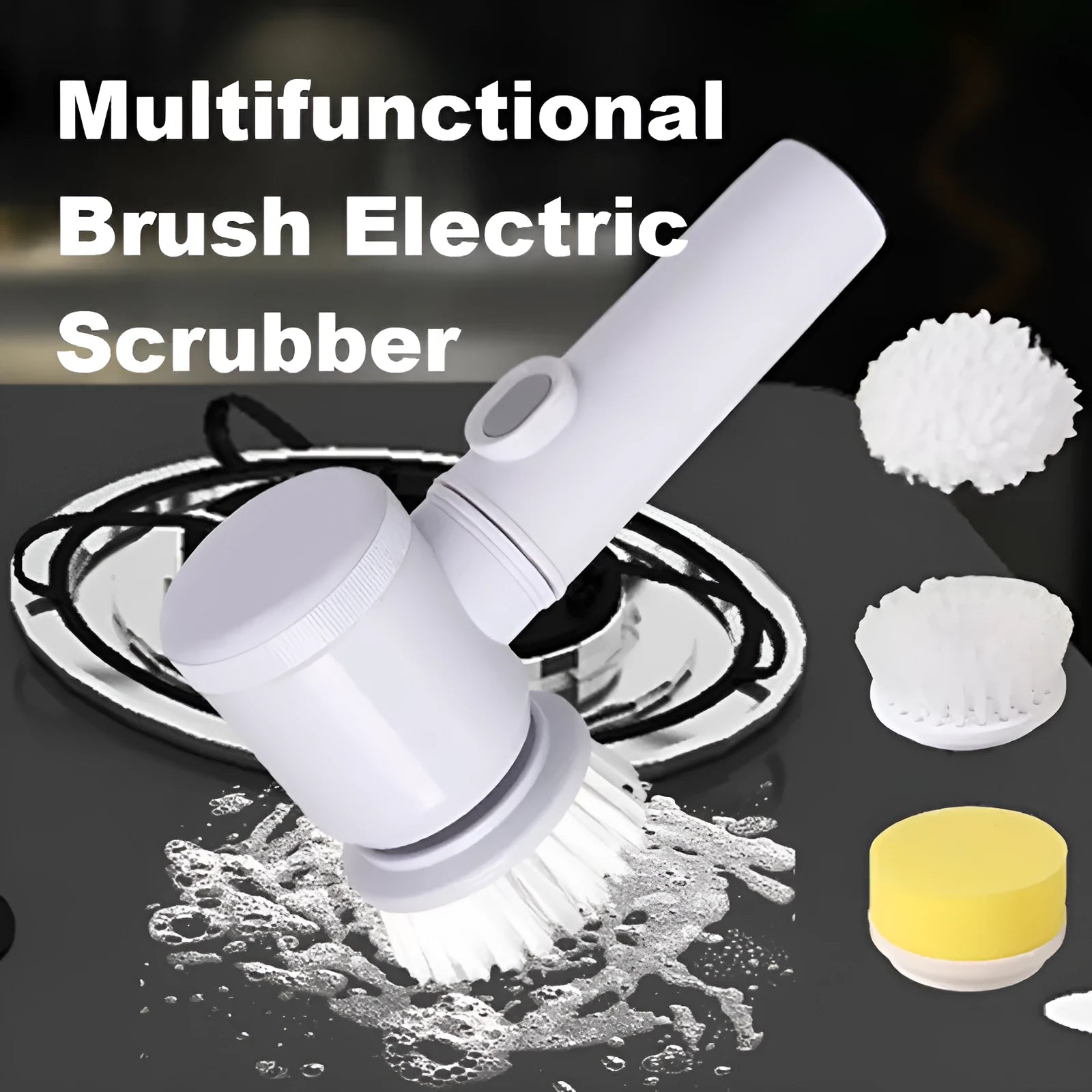 Electric cleaning brush with replaceable brush heads for kitchen surfaces and appliances