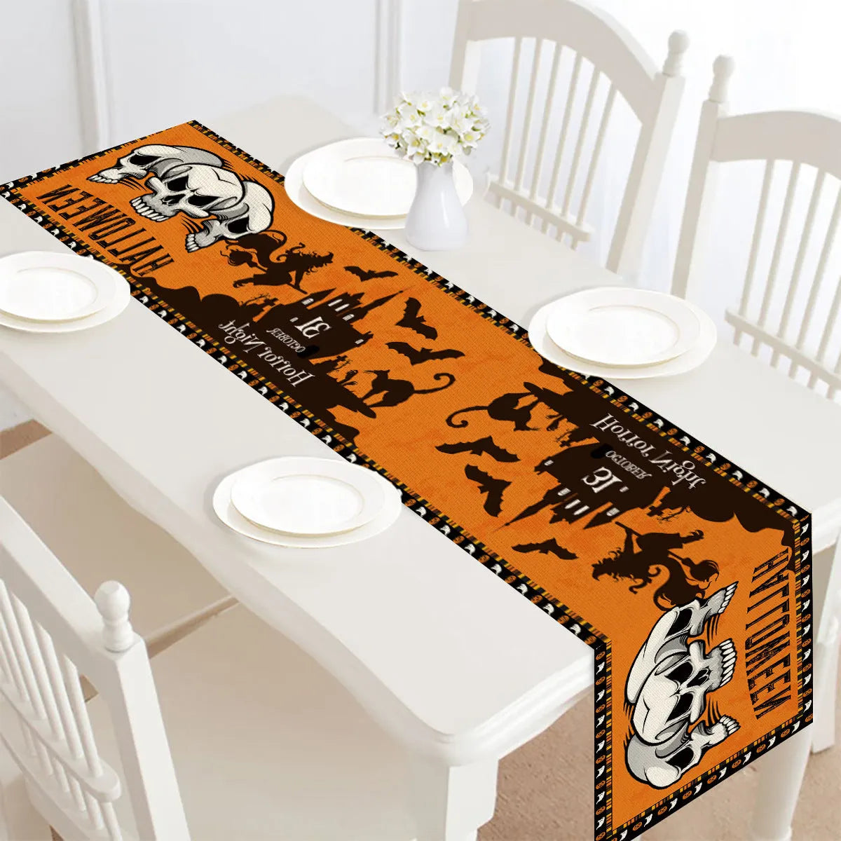 Halloween table runner, single-sided linen and polyester table bunting, 30x182cm, seven styles