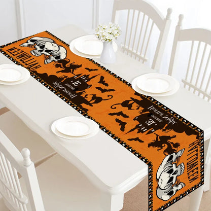 Halloween table runner with digital printed designs measuring 30cm by 182cm on polyester linen material