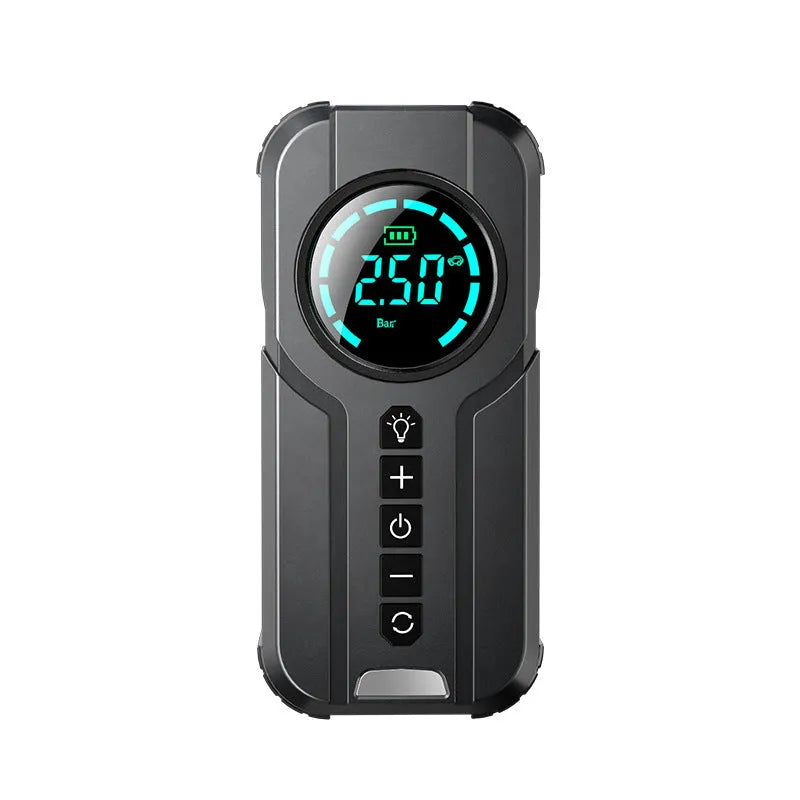 Wireless portable vehicle air pump with 6000mAh battery, 3m power cord, and 13cm inflatable pipe on a grey background