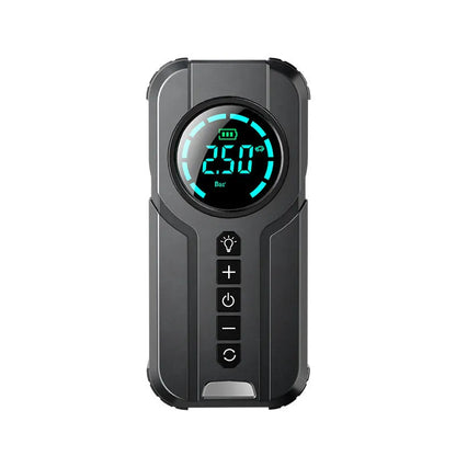 Wireless portable vehicle air pump with 6000mAh battery, 3m power cord, and 13cm inflatable pipe on a grey background