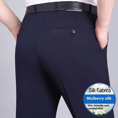 Men's dark blue high-waisted straight-leg non-ironing trousers made from a silk blend fabric.