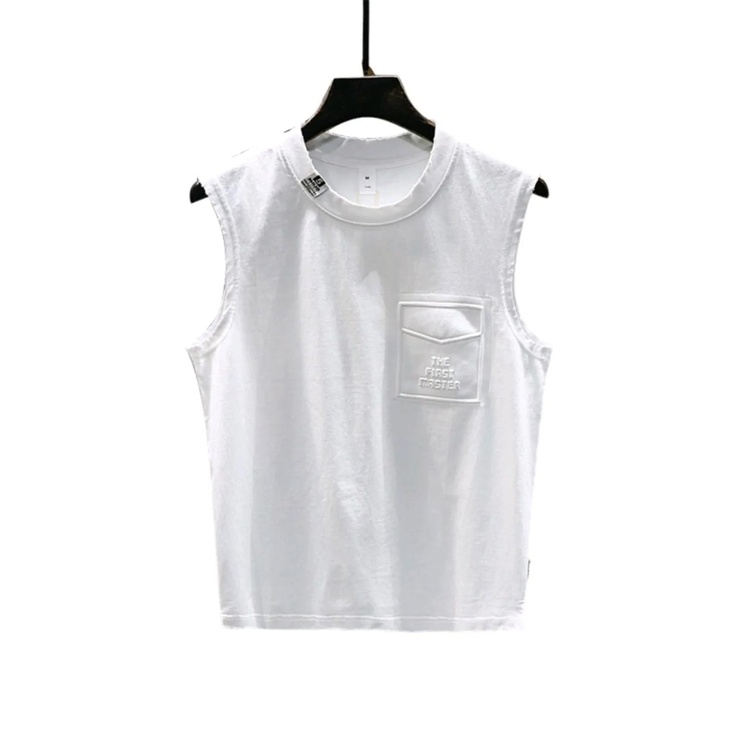 Men's solid colour loose fit cotton sleeveless t-shirt on a hanger, shown in white and black.