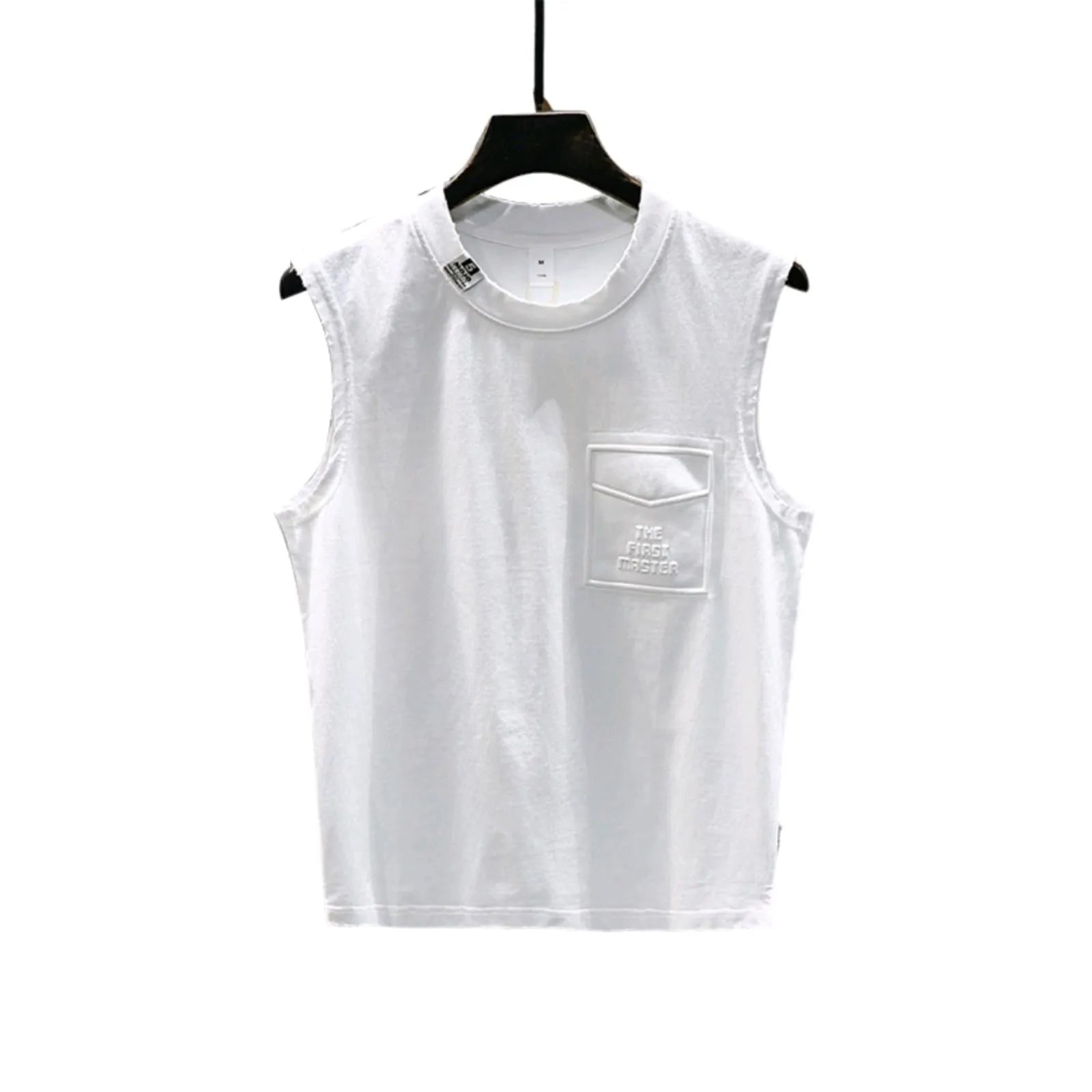 Men's solid colour loose fit cotton sleeveless t-shirt on a hanger, shown in white and black.