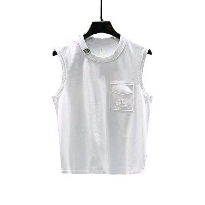 Men's solid colour loose fit cotton sleeveless t-shirt on a hanger, shown in white and black.