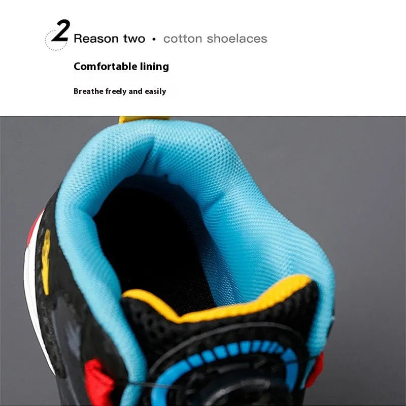 Cushion Basketball Rotating Button Running Shoes: Lightweight, Waterproof Footwear with PU Sole and Synthetic Leather Upper for Children Aged 4-16