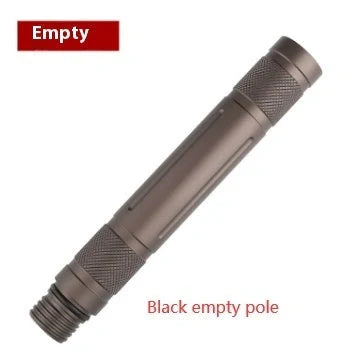 T-shaped telescoping hiking stick with compass, whistle, cutting edge, and glass breaker tip in black or gun grey finish