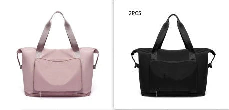 Roomy and foldable gym bag for women with waterproof Oxford fabric, multiple pockets, and wet/dry separation compartment