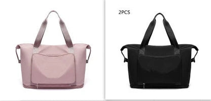 Roomy and foldable gym bag for women with waterproof Oxford fabric, multiple pockets, and wet/dry separation compartment