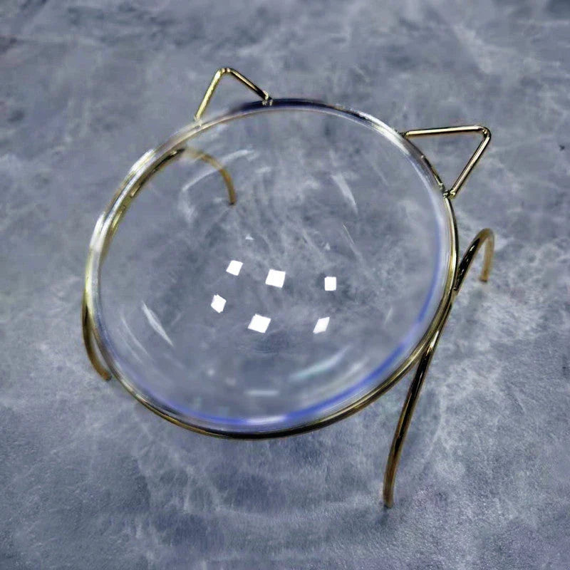 Elegant glass cat bowl with raised metal stand for pets, featuring a shimmering glass bowl and sturdy metal frame to support your cat's hydration and posture.