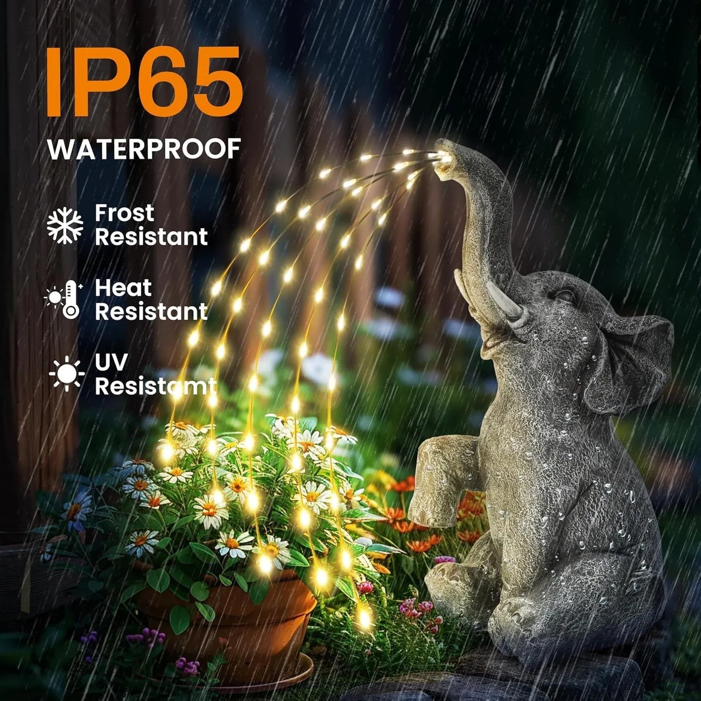 Resin elephant garden sculpture with LED lighting, 45cm tall with weatherproof IP65 rating