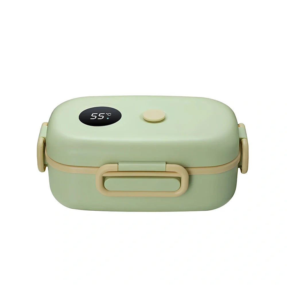Rectangular lunch box with digital temperature display on lid, green colour, dimensions 235x150x99mm