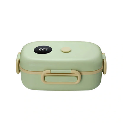 Rectangular lunch box with digital temperature display on lid, green colour, dimensions 235x150x99mm