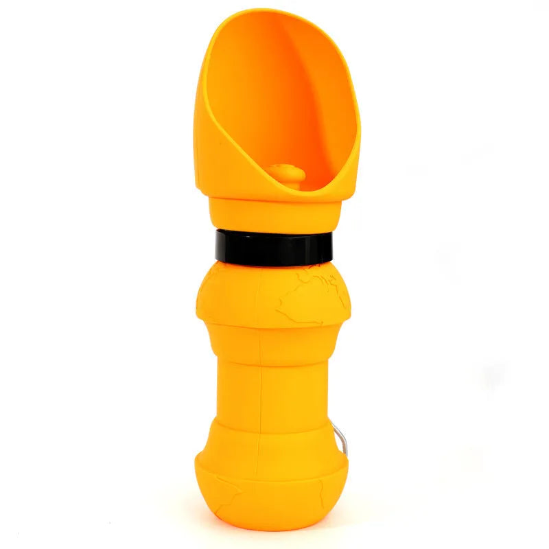 Silicone folding pet cup shown expanded as drinking bowl and collapsed to 4cm height