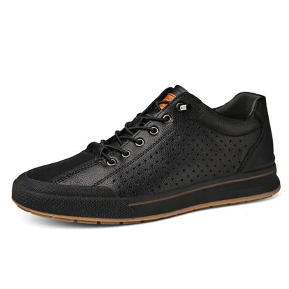 Men's white matte leather casual shoes with a round toe and 6cm flat heel, showing hollow-out detail on the upper.