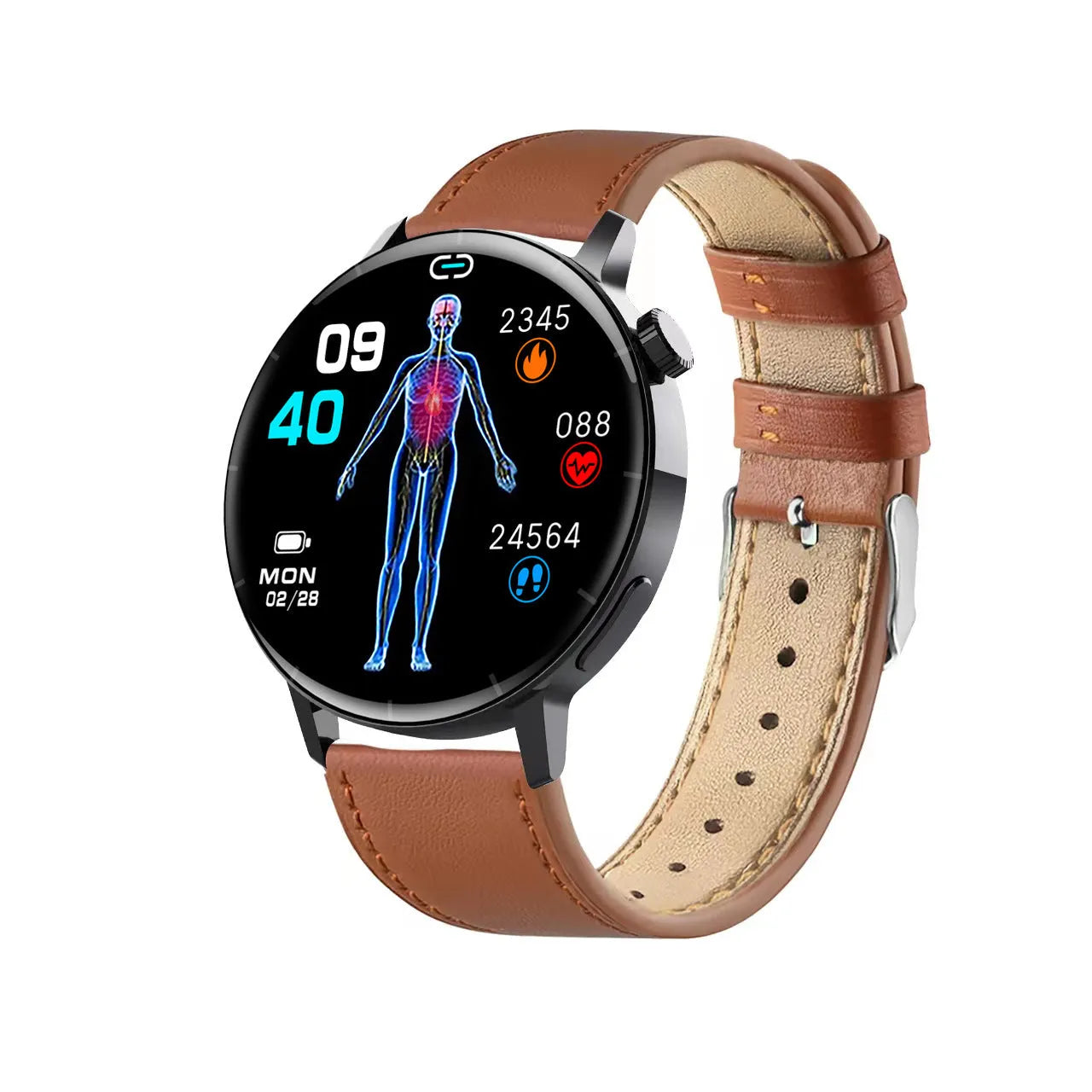 F67S blood glucose smart watch with leather strap showing health monitoring display