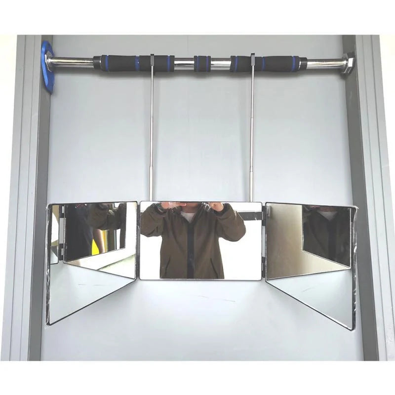 Telescopic Hanging Three-sided Folding Makeup Mirror with 360-degree view for DIY haircuts