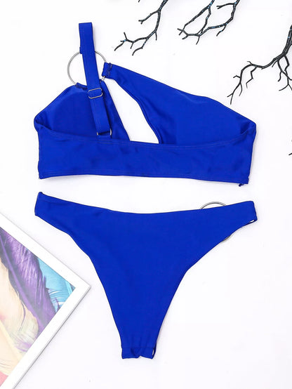 Royal blue one shoulder bikini with ring detail, made from quick-drying nylon