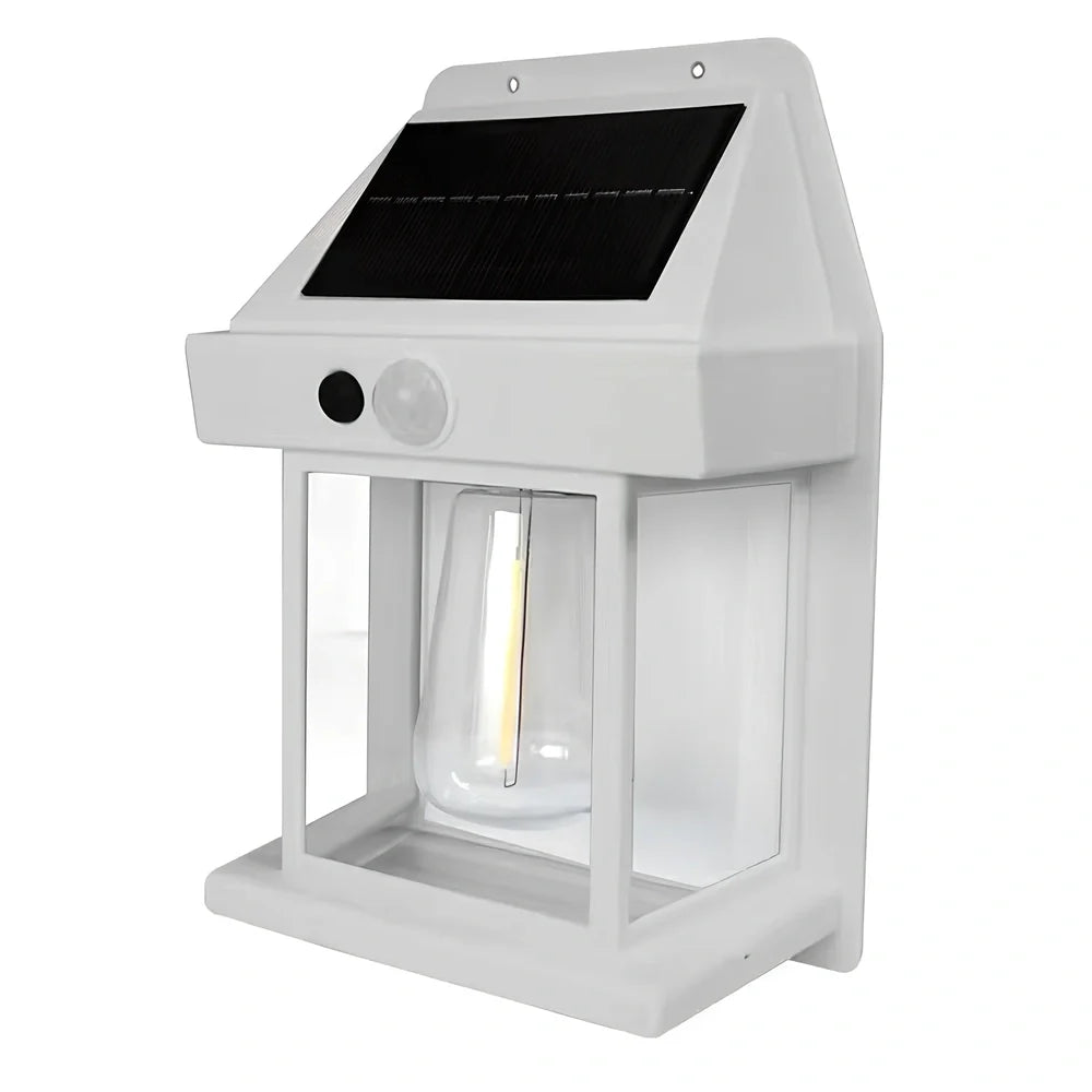 Black solar garden wall lamp with waterproof IP65 rating and automatic light sensor for outdoor installation