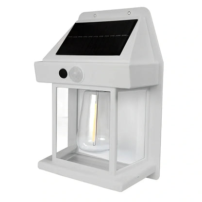 Black solar garden wall lamp with waterproof IP65 rating and automatic light sensor for outdoor installation