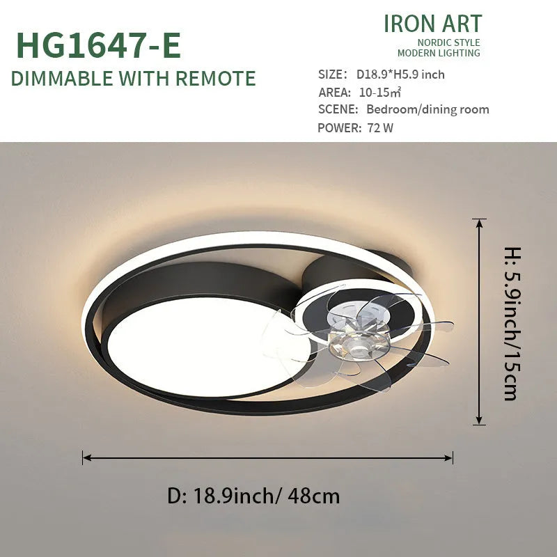 48cm ceiling fan lamp with light in black or gold finish, showing metal blades and acrylic shade