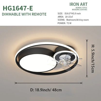 48cm ceiling fan lamp with light in black or gold finish, showing metal blades and acrylic shade