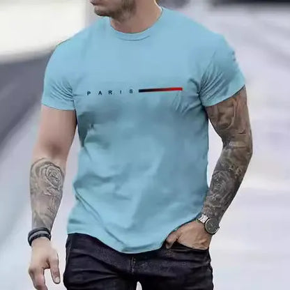 Men's slim-fit 3D printed graphic T-shirt on a hanger showing short sleeves.