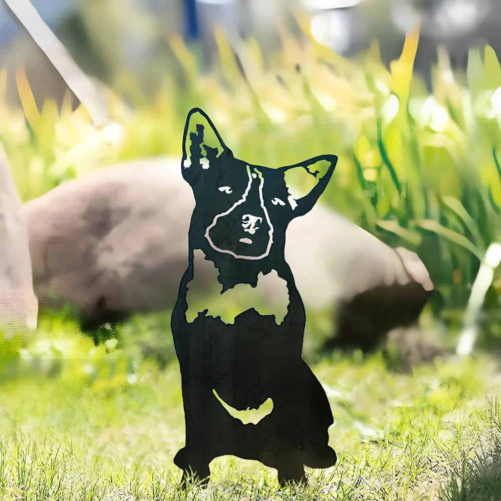 Metal dog silhouette garden decoration showing breed outline on iron background for outdoor display