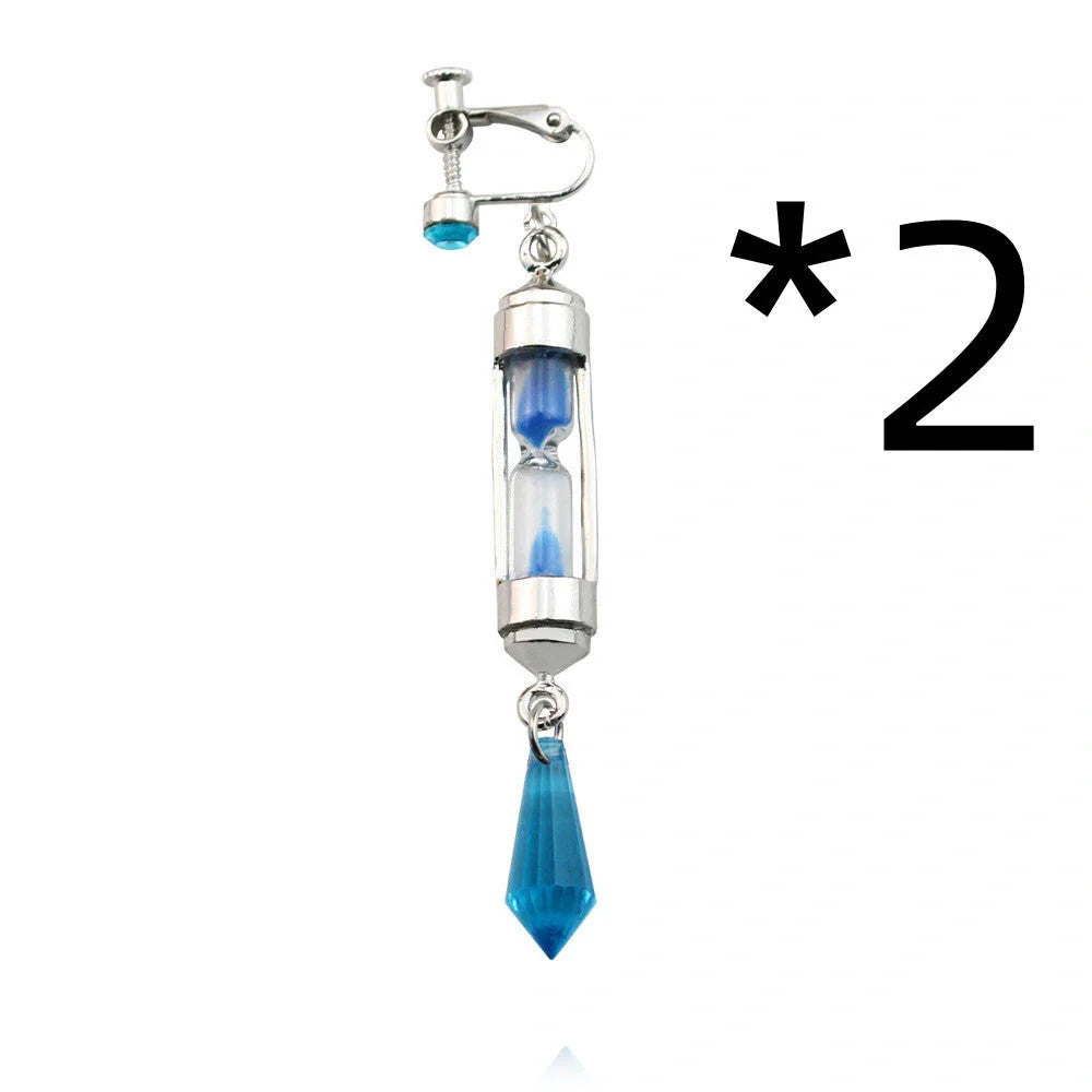 Anime-inspired hourglass-shaped ear clip and necklace set in silver and gold