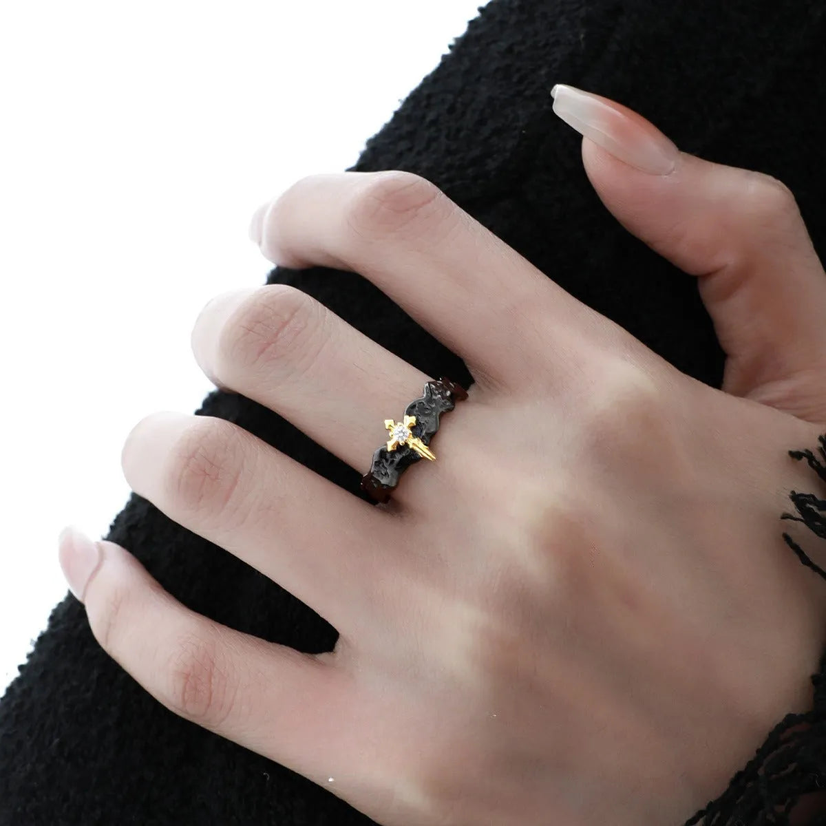 Princess Knight adjustable opening couple's ring in silver with white gold or black gold electroplated finish.