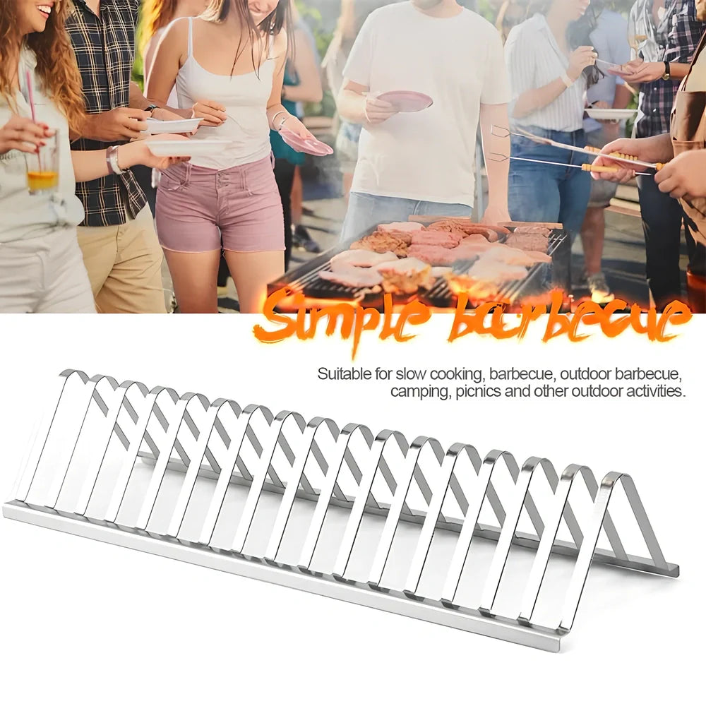 Stainless steel barbecue grill holder with vertical meat racks measuring 31cm length