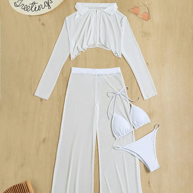 White women's high-waist backless swimsuit four-piece set on a hanger.
