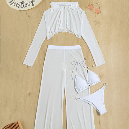 White women's high-waist backless swimsuit four-piece set on a hanger.