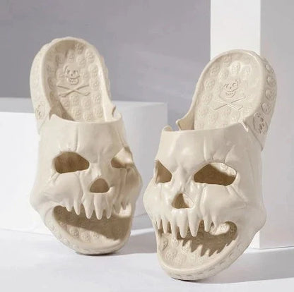 Spooky skull-printed slide sandals in various colors and sizes