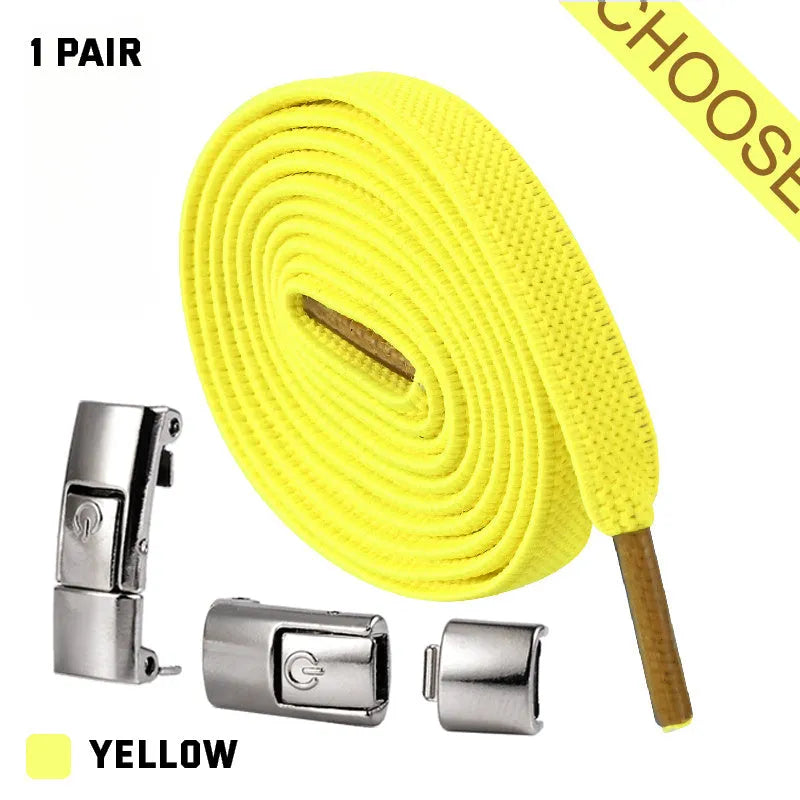 A pair of black widened flat elastic shoelaces with a silver press lock buckle on a white background.