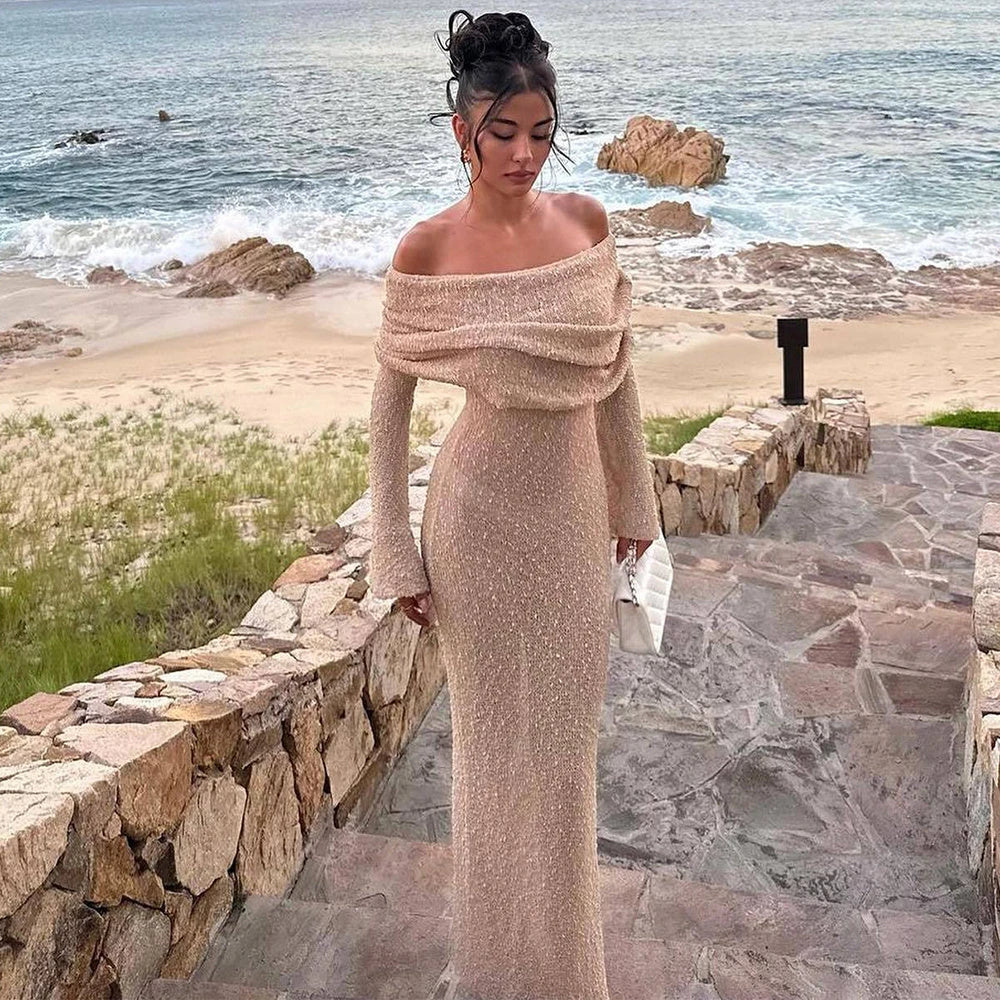 One-shoulder knit maxi dress in various colors for beach vacations and summer fashion