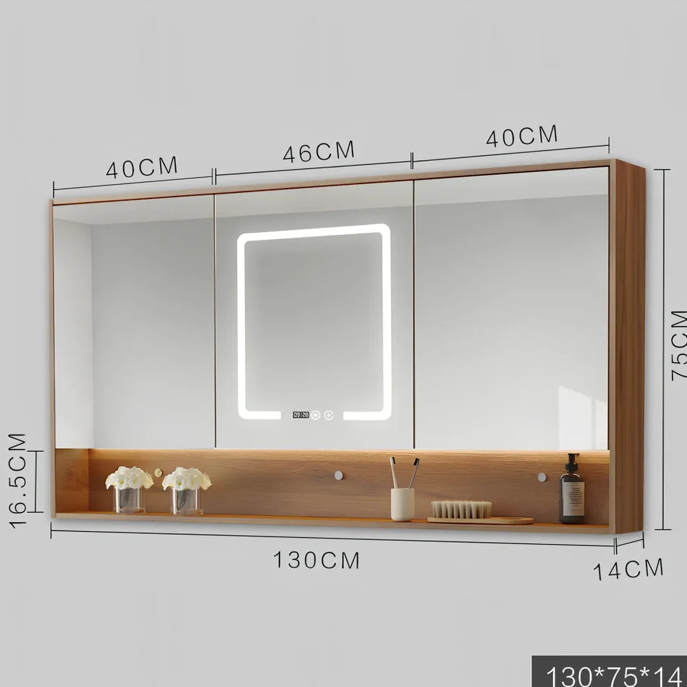 Wall-mounted bathroom mirror cabinet with LED lights and anti-fog technology in solid wood construction