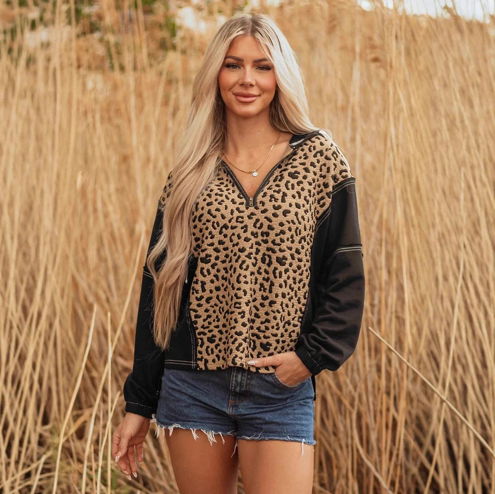 Brown leopard print women's V-neck long sleeve polyester sweater with loose fit