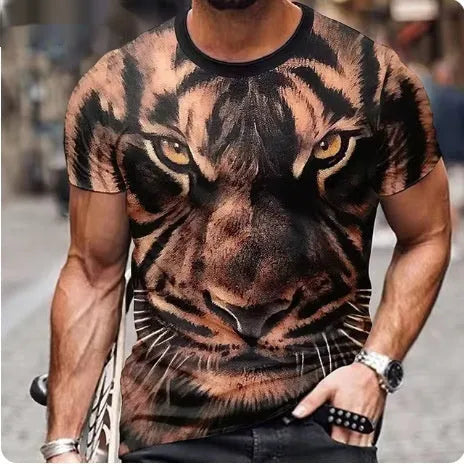Men's black t-shirt with a fierce lion face 3D graphic print on the front.