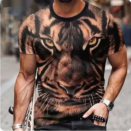 Men's black t-shirt with a fierce lion face 3D graphic print on the front.