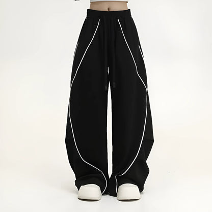 Black stripe pattern pleated hip hop sports wide-leg trousers with mid-waist fit