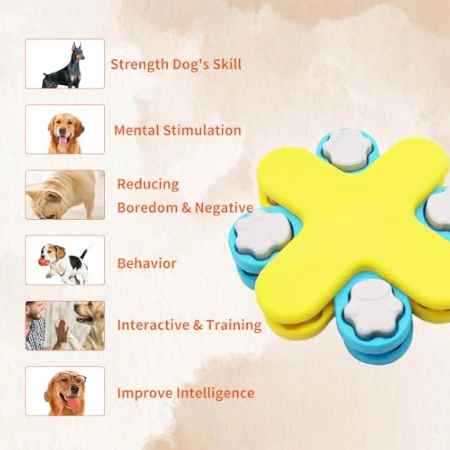 Yellow dog puzzle feeder with rotating lid and non-slip base for slow feeding and IQ training