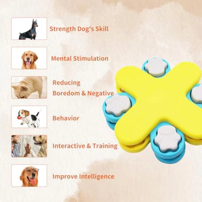 Yellow dog puzzle feeder with rotating lid and non-slip base for slow feeding and IQ training