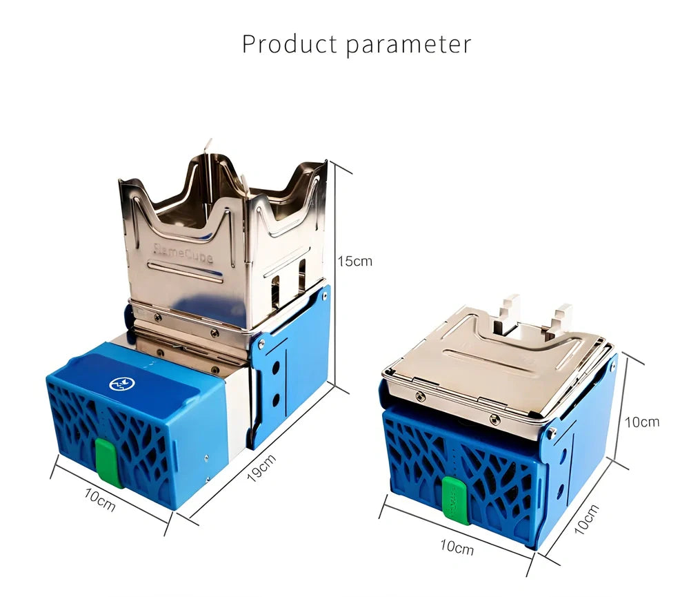 Light blue portable wood-burning camping stove with one-piece furnace body for outdoor cooking