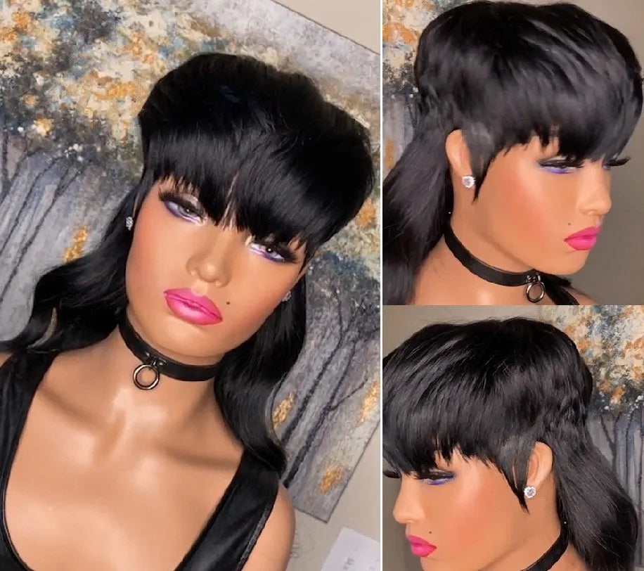 Black Brazilian wig with bangs front shorter than back long synthetic hair T7262 colour