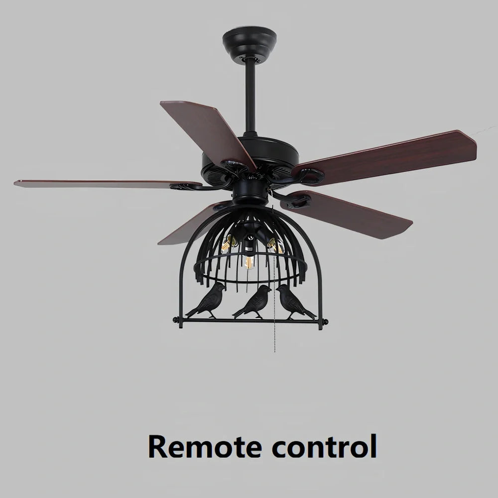 Retro industrial ceiling fan with five wooden blades, bird cage housing, and remote control