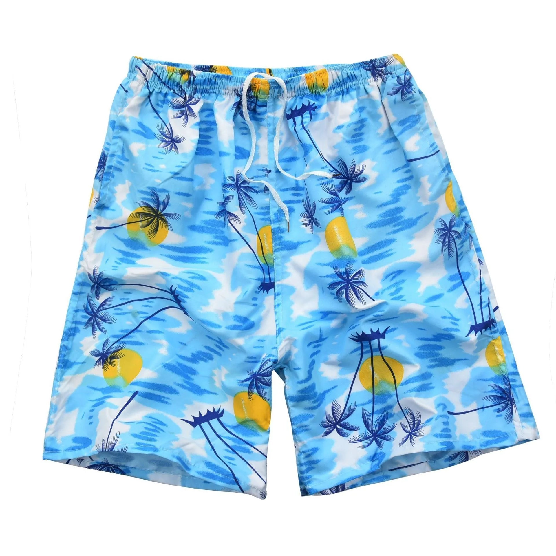 Men's floral printed swimming trunks in polyester fabric showing multiple pattern options for beach and pool use