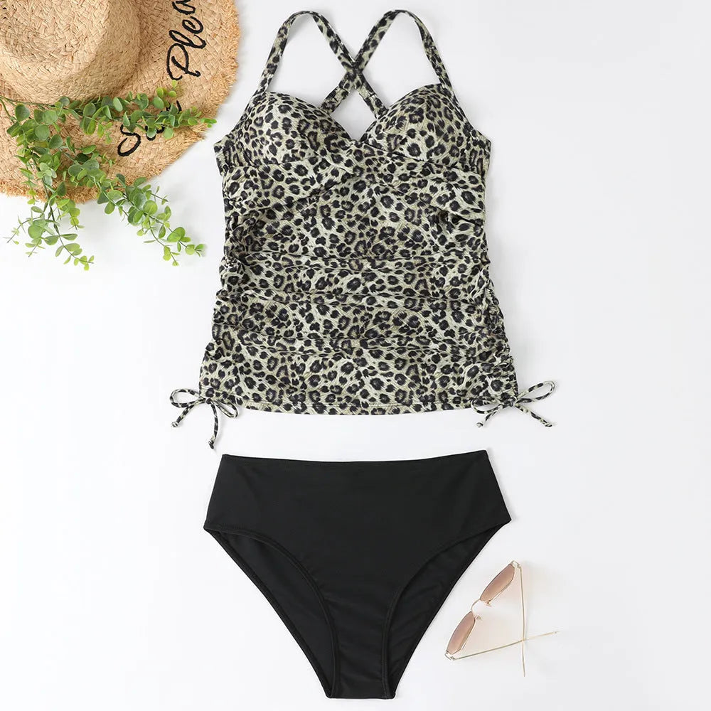 Women's high-waist swimwear bikini set with backless design in solid colours