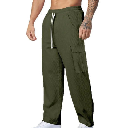 Men's straight-leg corduroy trousers with adjustable waist in navy blue colour